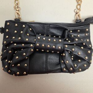 Cesca Bow Wristlet Purse Crossbody BlackHandbag Gold Studded Disco Vegan